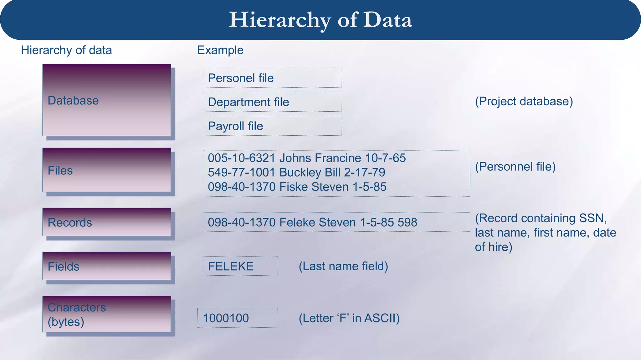 Hierarchy of Data
Hierarchy of data Example
Database
Files
Records
Fields
Characters
(bytes)
Personel file
Department file
Payroll file
(Project database)
005-10-6321 Johns Francine 10-7-65
549-77-1001 Buckley Bill 2-17-79
098-40-1370 Fiske Steven 1-5-85
(Personnel file)
098-40-1370 Feleke Steven 1-5-85 598 (Record containing SSN,
last name, first name, date
of hire)
FELEKE (Last name field)
1000100 (Letter ‘F’ in ASCII)
 