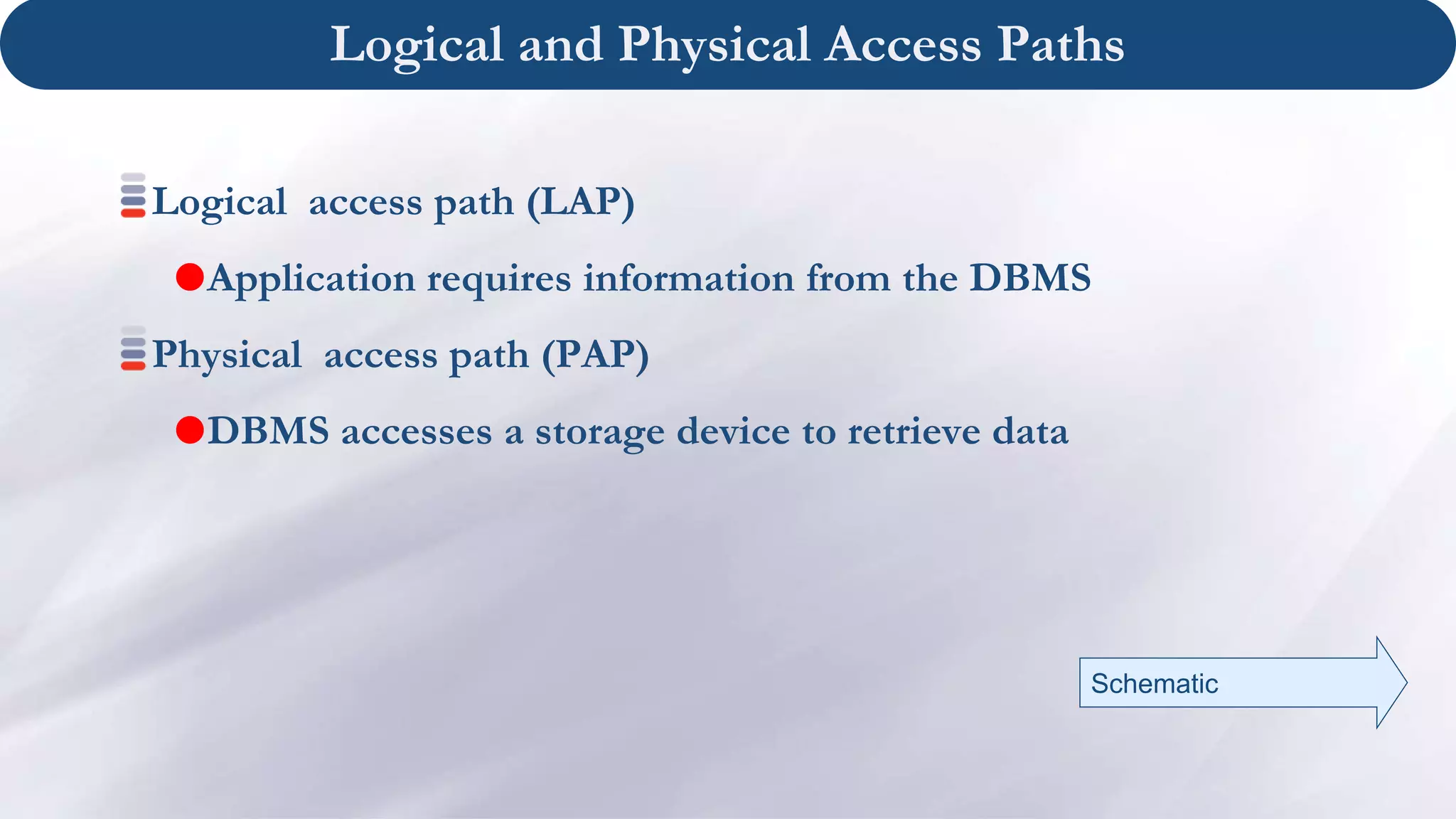 Logical and Physical Access Paths
Logical access path (LAP)
Application requires information from the DBMS
Physical access path (PAP)
DBMS accesses a storage device to retrieve data
Schematic
 