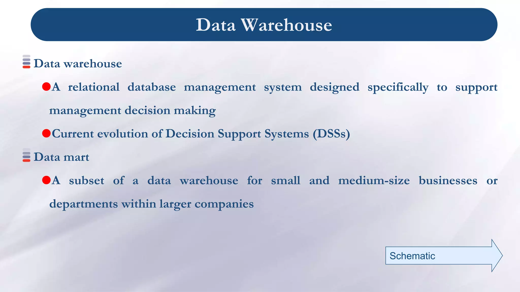Data Warehouse
Data warehouse
A relational database management system designed specifically to support
management decision making
Current evolution of Decision Support Systems (DSSs)
Data mart
A subset of a data warehouse for small and medium-size businesses or
departments within larger companies
Schematic
 