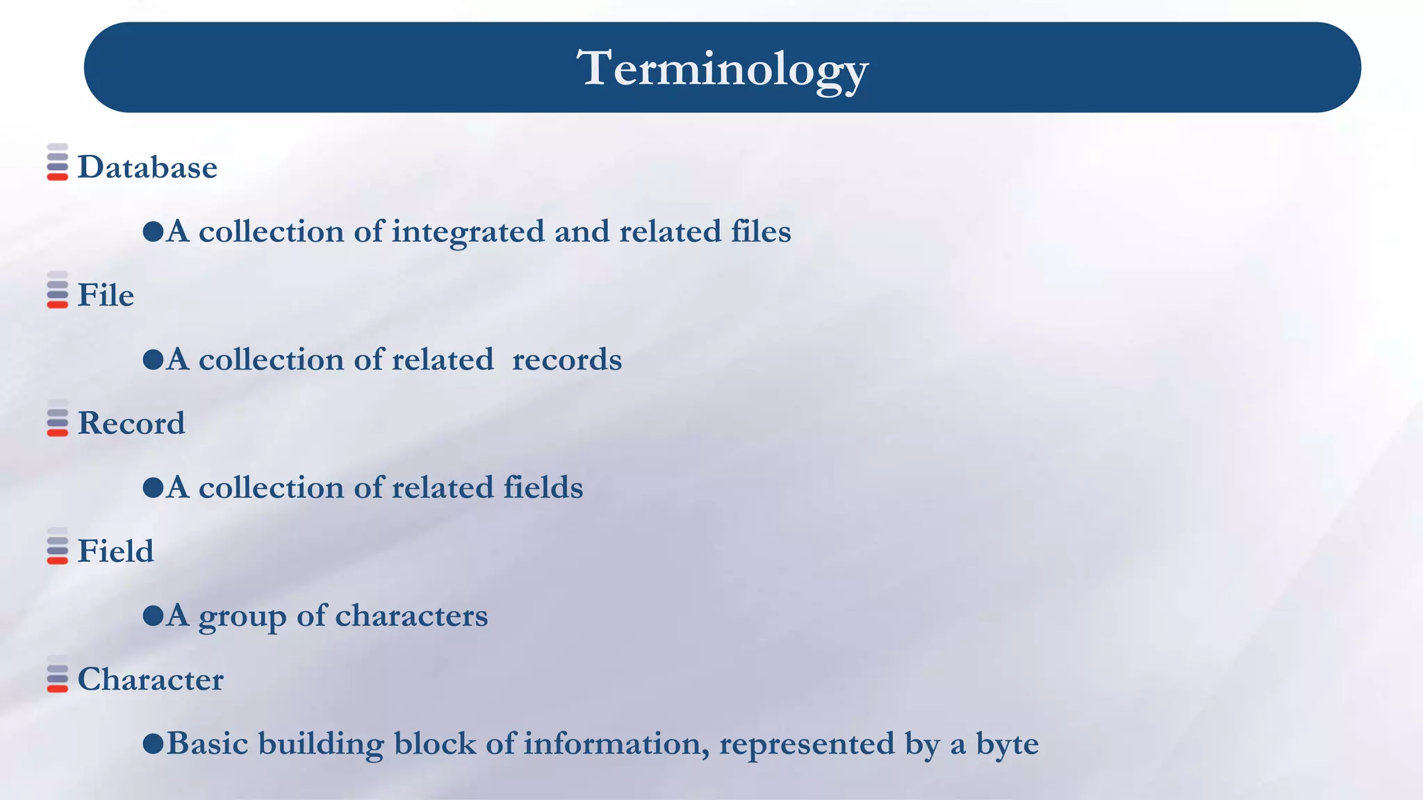 Terminology
Database
A collection of integrated and related files
File
A collection of related records
Record
A collection of related fields
Field
A group of characters
Character
Basic building block of information, represented by a byte
 