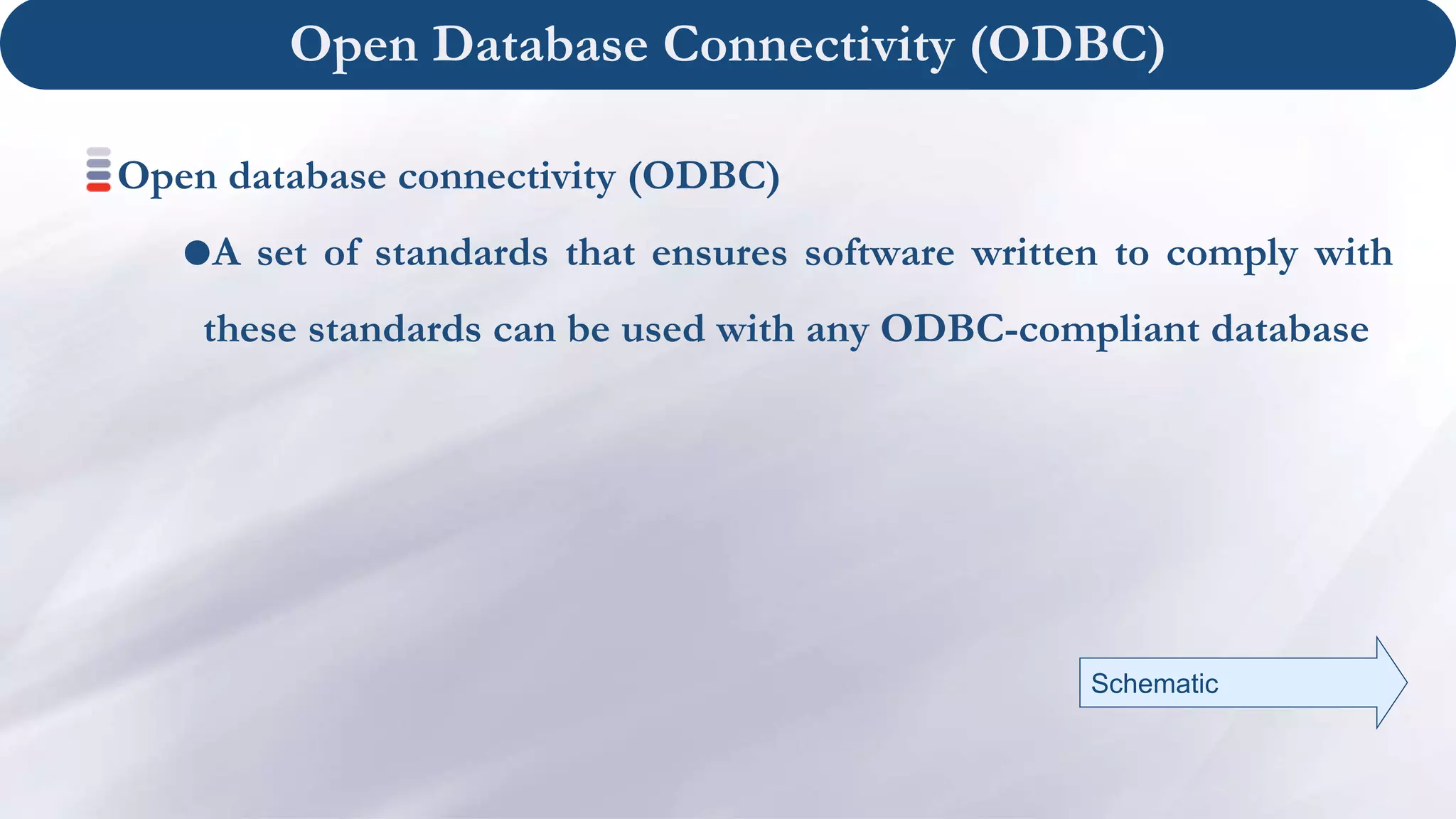 Open Database Connectivity (ODBC)
Open database connectivity (ODBC)
A set of standards that ensures software written to comply with
these standards can be used with any ODBC-compliant database
Schematic
 