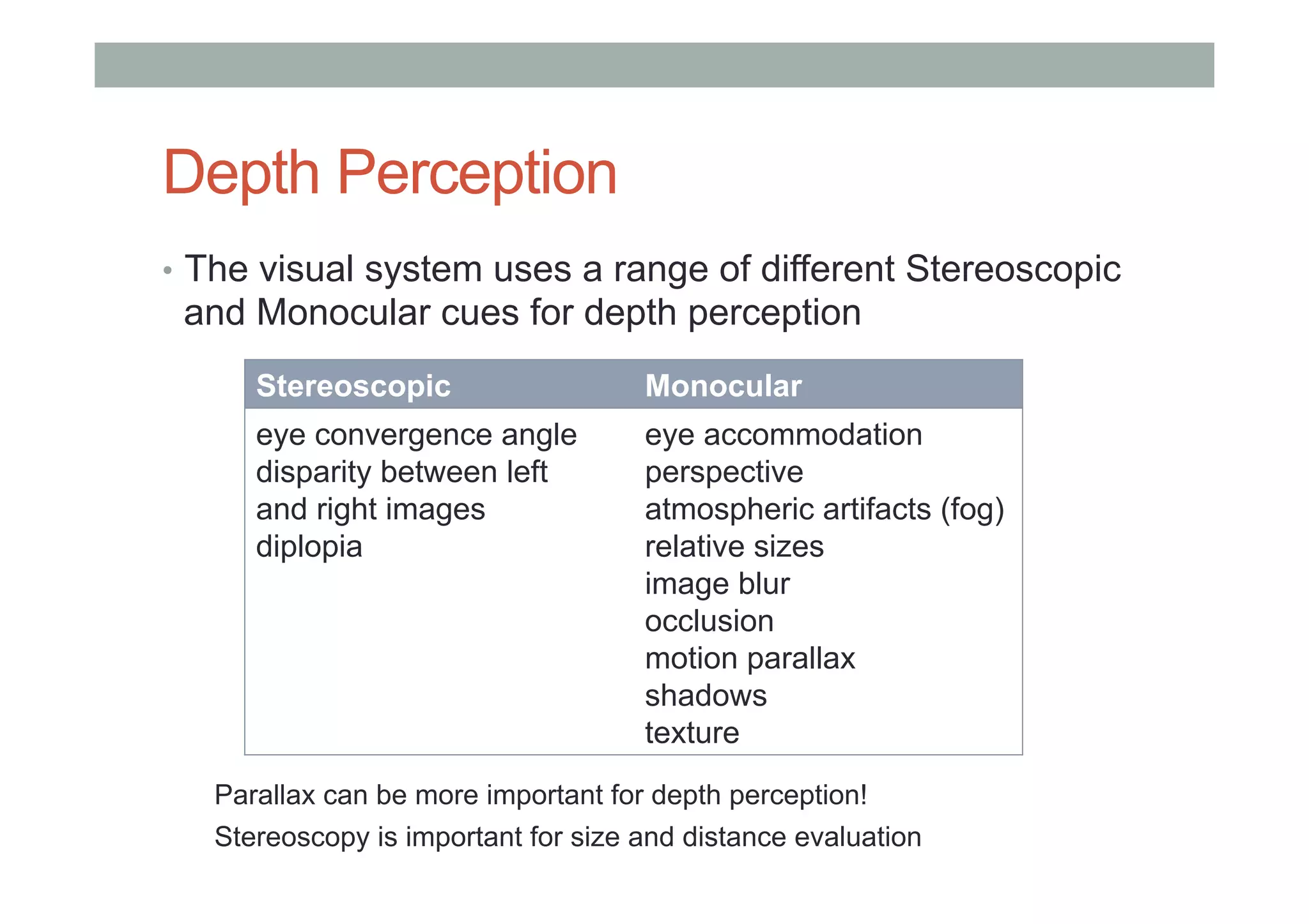 Depth Perception
•  The visual system uses a range of different Stereoscopic
and Monocular cues for depth perception
Stereoscopic Monocular
eye convergence angle
disparity between left
and right images
diplopia
eye accommodation
perspective
atmospheric artifacts (fog)
relative sizes
image blur
occlusion
motion parallax
shadows
texture
Parallax can be more important for depth perception!
Stereoscopy is important for size and distance evaluation
 