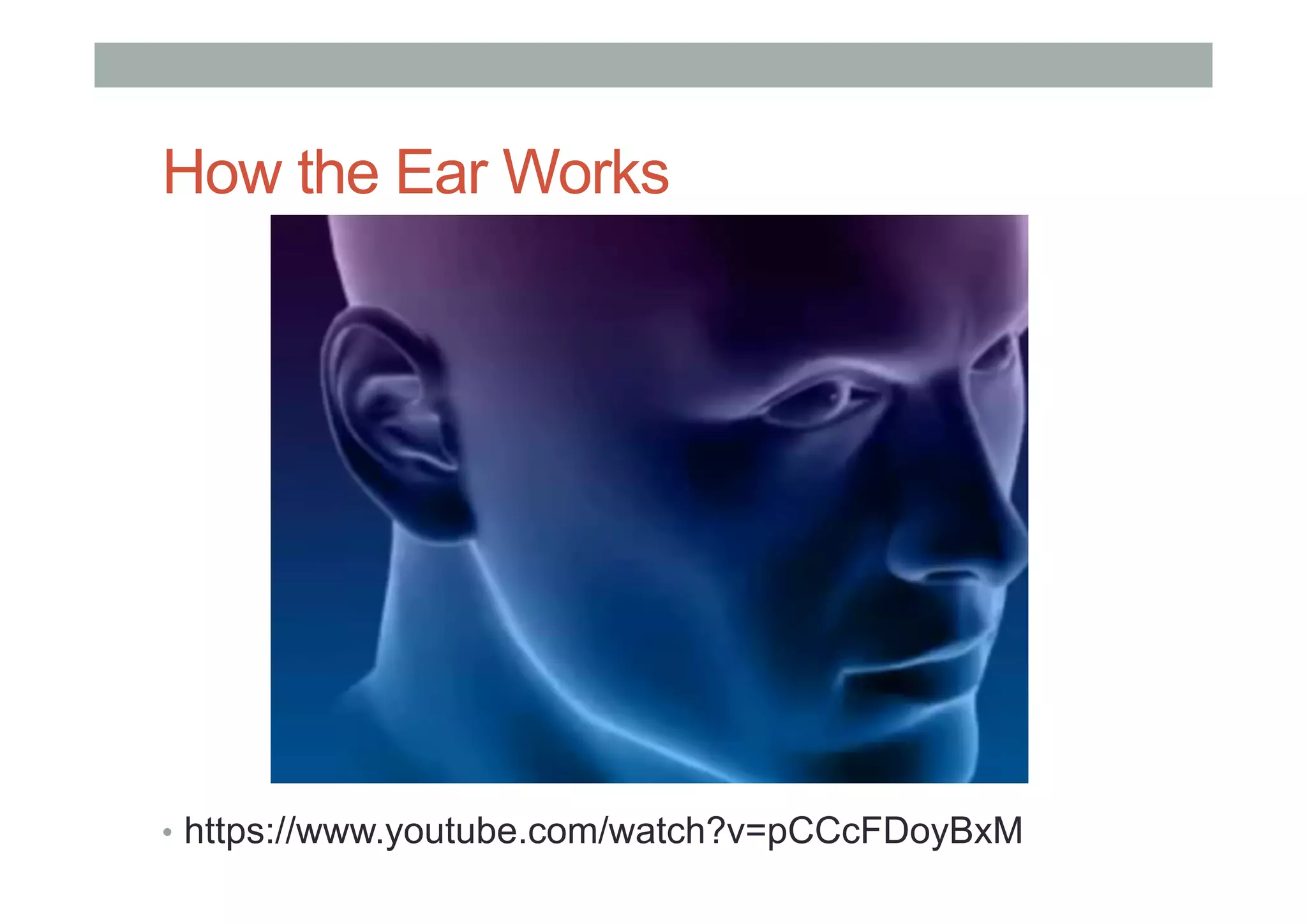 How the Ear Works
•  https://www.youtube.com/watch?v=pCCcFDoyBxM
 