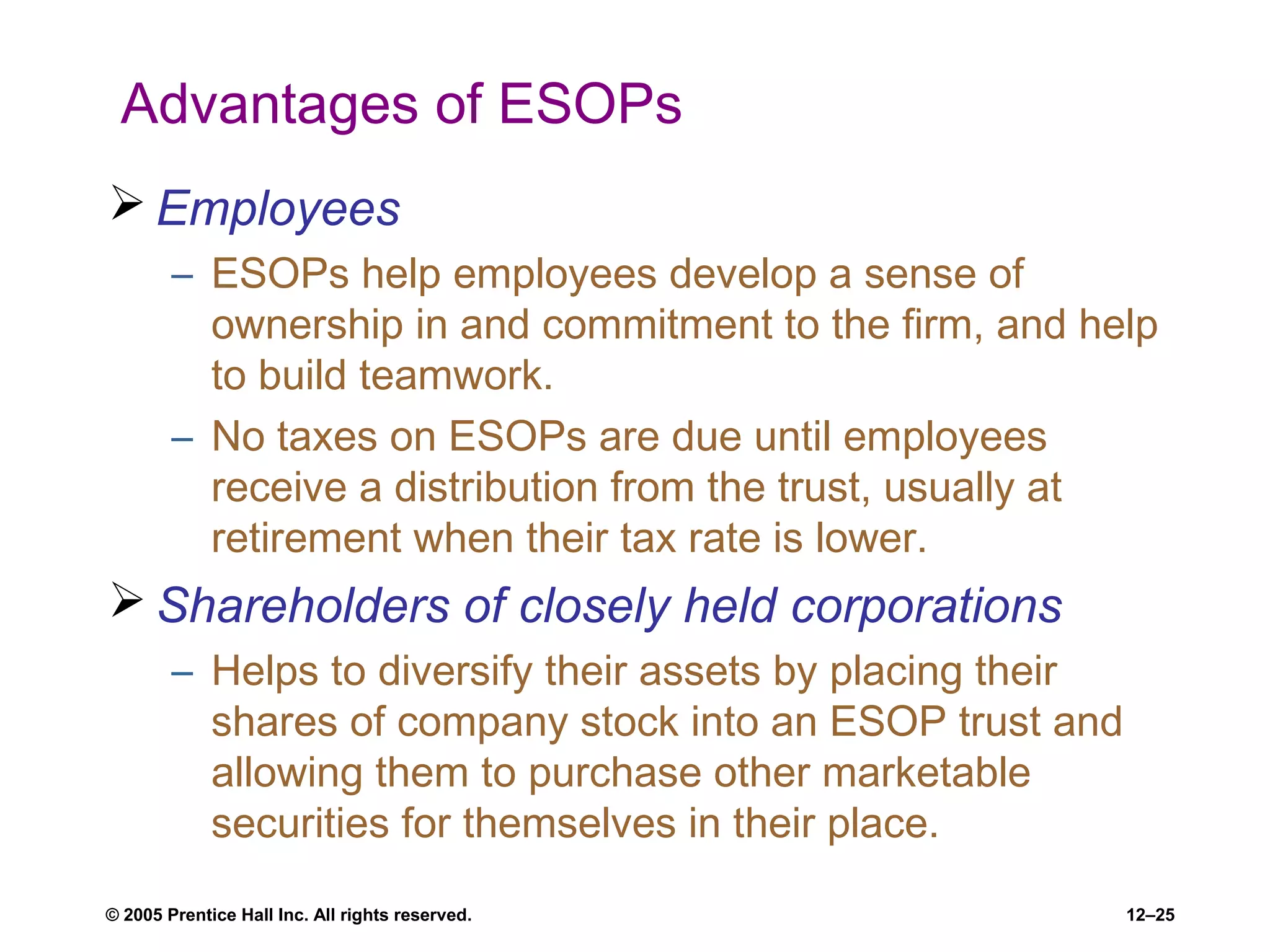 © 2005 Prentice Hall Inc. All rights reserved. 12–25
Advantages of ESOPs
 Employees
– ESOPs help employees develop a sense of
ownership in and commitment to the firm, and help
to build teamwork.
– No taxes on ESOPs are due until employees
receive a distribution from the trust, usually at
retirement when their tax rate is lower.
 Shareholders of closely held corporations
– Helps to diversify their assets by placing their
shares of company stock into an ESOP trust and
allowing them to purchase other marketable
securities for themselves in their place.
 