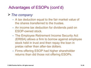© 2005 Prentice Hall Inc. All rights reserved. 12–26
Advantages of ESOPs (cont’d)
 The company
– A tax deduction equal to the fair market value of
the shares transferred to the trustee.
– An income tax deduction for dividends paid on
ESOP-owned stock.
– The Employee Retirement Income Security Act
(ERISA) allows a firm to borrow against employee
stock held in trust and then repay the loan in
pretax rather than after-tax dollars.
– Firms offering ESOP had higher shareholder
returns than did those not offering ESOPs.
 