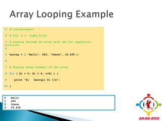 Array Looping Example	1	#!/usr/bin/perl	2	# Fig. 4.3: fig04_03.pl	3	# Looping through an array with the for repetition structure.	4		5	@array = ( "Hello", 283, "there", 16.439 );	6		7	# display every element of the array	8	for ( $i = 0; $i < 4; ++$i ) {	9	   print "$i   $array[ $i ]\n";	10	}0   Hello1   2832   there3   16.439