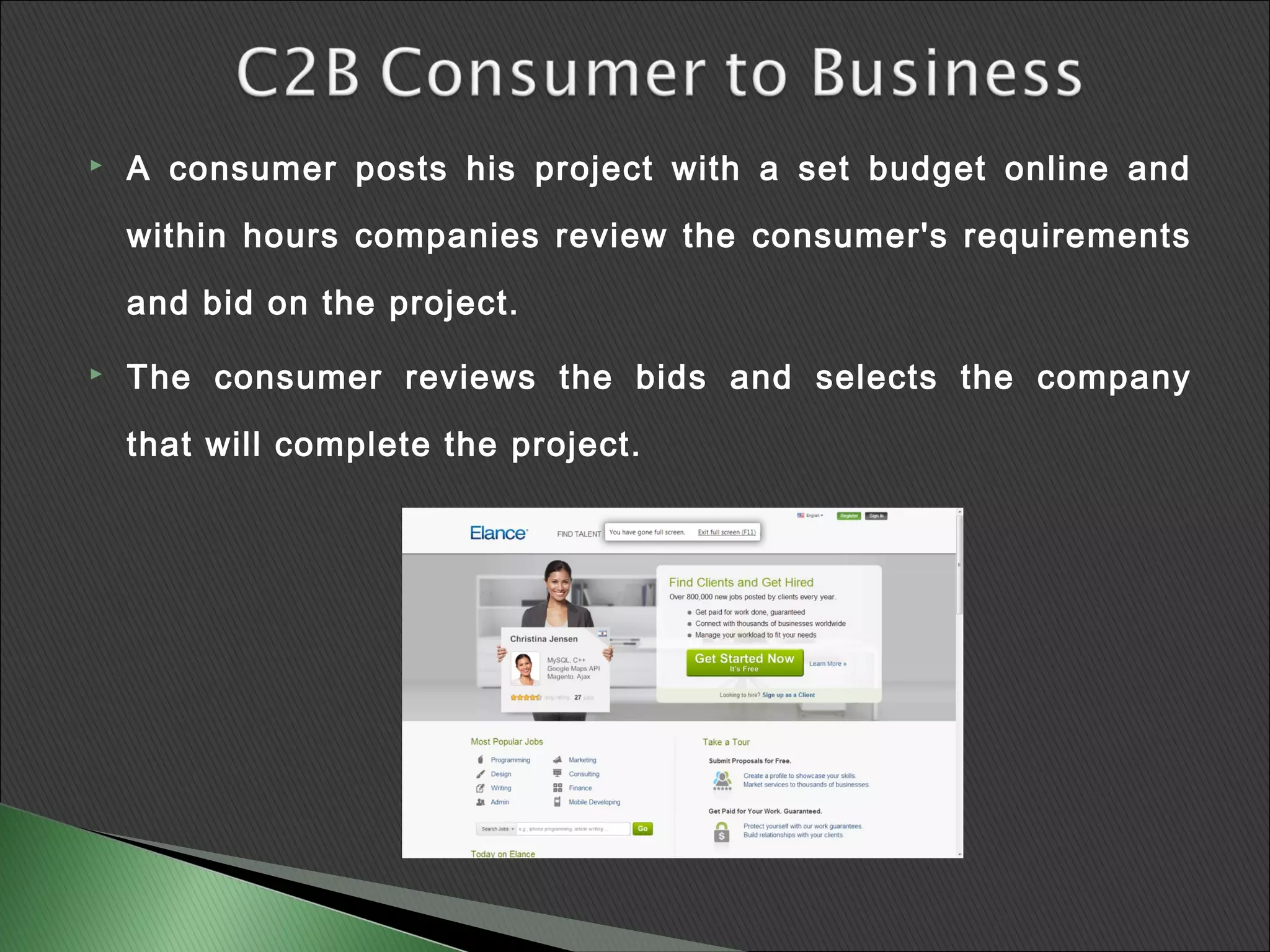    A consumer posts his project with a set budget online and

    within hours companies review the consumer's requirements

    and bid on the project.

   The consumer reviews the bids and selects the company

    that will complete the project.
 