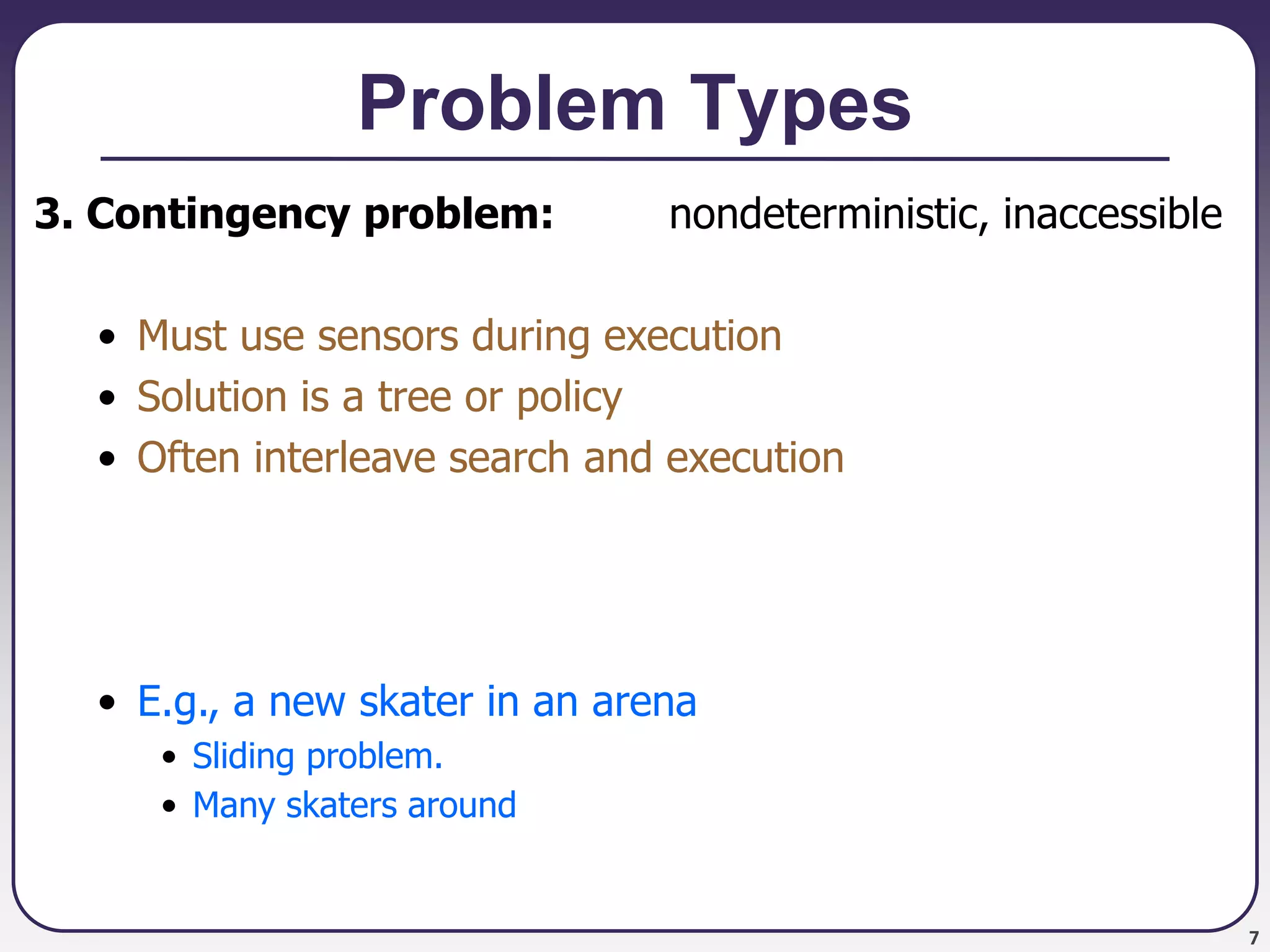 7
Problem Types
3. Contingency problem: nondeterministic, inaccessible
• Must use sensors during execution
• Solution is a tree or policy
• Often interleave search and execution
• E.g., a new skater in an arena
• Sliding problem.
• Many skaters around
 