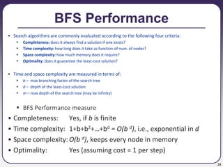 28
BFS Performance
• Search algorithms are commonly evaluated according to the following four criteria:
 Completeness: does it always find a solution if one exists?
 Time complexity: how long does it take as function of num. of nodes?
 Space complexity: how much memory does it require?
 Optimality: does it guarantee the least-cost solution?
• Time and space complexity are measured in terms of:
 b – max branching factor of the search tree
 d – depth of the least-cost solution
 m – max depth of the search tree (may be infinity)
 BFS Performance measure
• Completeness: Yes, if b is finite
• Time complexity: 1+b+b2+…+bd = O(b d), i.e., exponential in d
• Space complexity: O(b d), keeps every node in memory
• Optimality: Yes (assuming cost = 1 per step)
 