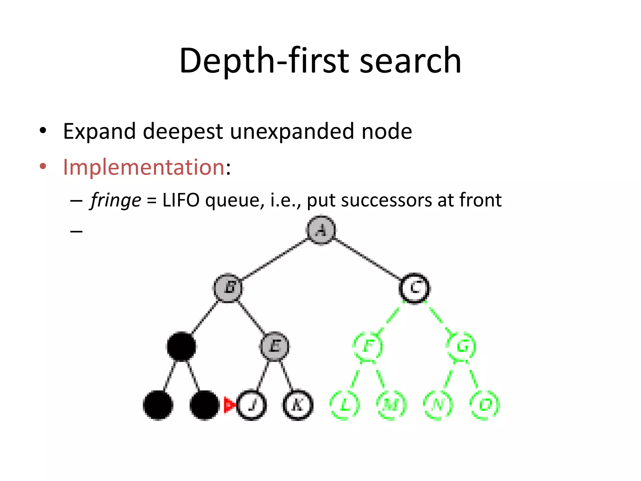 Depth-first search
• Expand deepest unexpanded node
• Implementation:
– fringe = LIFO queue, i.e., put successors at front
–
 