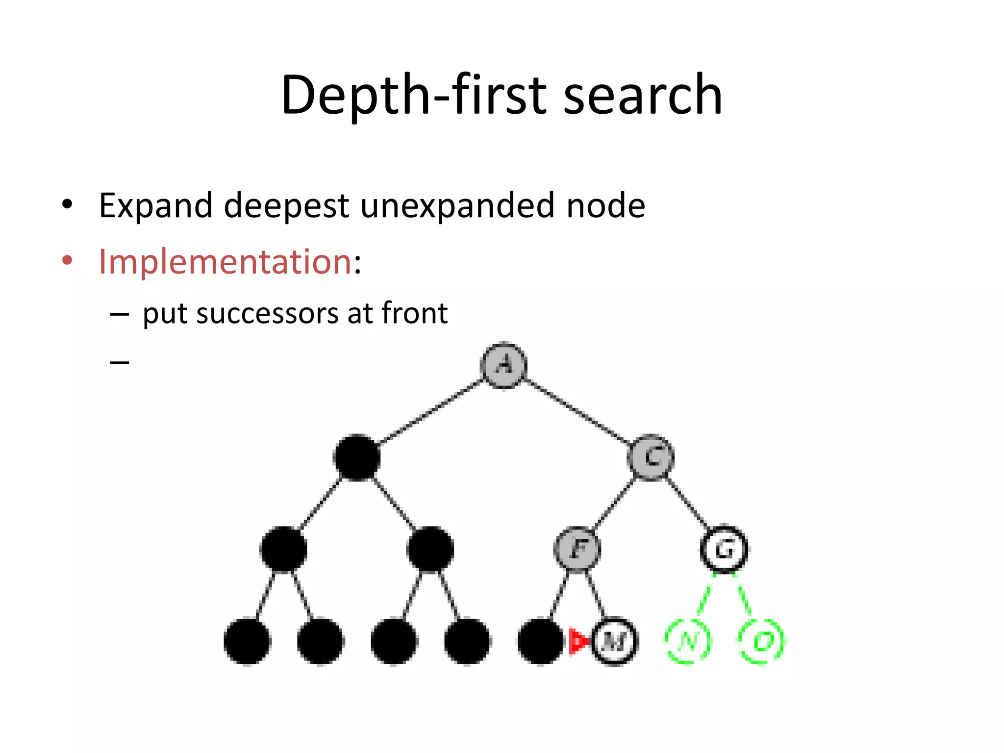 Depth-first search
• Expand deepest unexpanded node
• Implementation:
– put successors at front
–
 