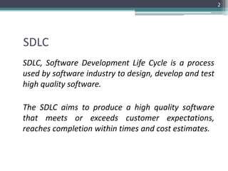 SDLC 
SDLC, Software Development Life Cycle is a process 
used by software industry to design, develop and test 
high quality software. 
The SDLC aims to produce a high quality software 
that meets or exceeds customer expectations, 
reaches completion within times and cost estimates. 
2 
 