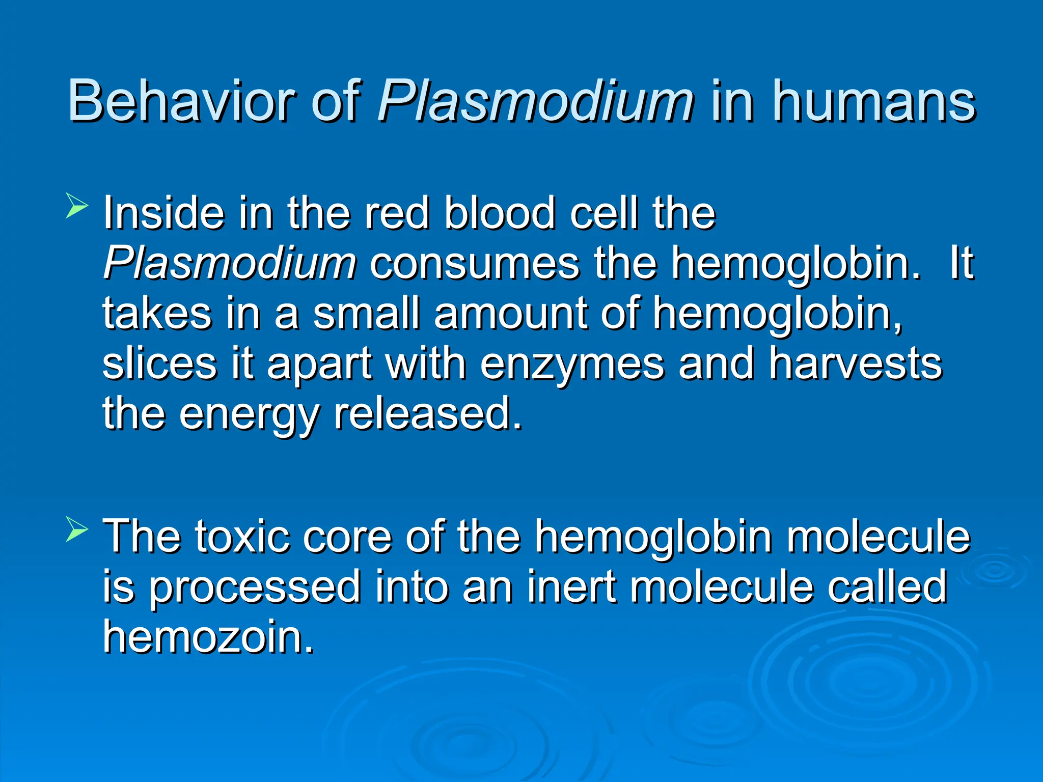 Behavior of
Behavior of Plasmodium
Plasmodium in humans
in humans
 Inside in the red blood cell the
Inside in the red blood cell the
Plasmodium
Plasmodium consumes the hemoglobin. It
consumes the hemoglobin. It
takes in a small amount of hemoglobin,
takes in a small amount of hemoglobin,
slices it apart with enzymes and harvests
slices it apart with enzymes and harvests
the energy released.
the energy released.
 The toxic core of the hemoglobin molecule
The toxic core of the hemoglobin molecule
is processed into an inert molecule called
is processed into an inert molecule called
hemozoin.
hemozoin.
 