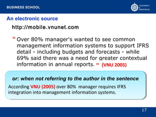 17
An electronic source
http://mobile.vnunet.com
Over 80% manager's wanted to see common
management information systems to support IFRS
detail ­ including budgets and forecasts ­ while
69% said there was a need for greater contextual
information in annual reports.
or: when not referring to the author in the sentence
According VNU (2005) over 80% manager requires IFRS
integration into management information systems.
or: when not referring to the author in the sentence
According VNU (2005) over 80% manager requires IFRS
integration into management information systems.
“
” (VNU 2005)
 