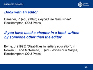 Book with an editor
Danaher, P. (ed.) (1998) Beyond the ferris wheel,
Rockhampton, CQU Press.
If you have used a chapter in a book written 
by someone other than the editor
Byrne, J. (1995) ‘Disabilities in tertiary education’, in
Rowan, L. and McNamee, J. (ed.) Voices of a Margin,
Rockhampton: CQU Press
26
 
