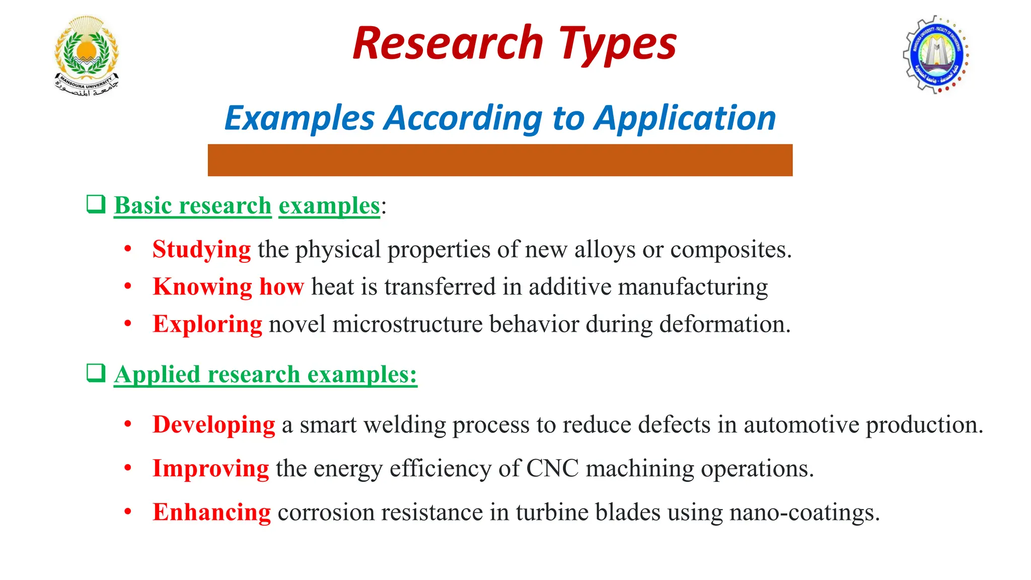 Examples According to Application
 Basic research examples:
• Studying the physical properties of new alloys or composites.
• Knowing how heat is transferred in additive manufacturing
• Exploring novel microstructure behavior during deformation.
 Applied research examples:
• Developing a smart welding process to reduce defects in automotive production.
• Improving the energy efficiency of CNC machining operations.
• Enhancing corrosion resistance in turbine blades using nano-coatings.
Research Types
 