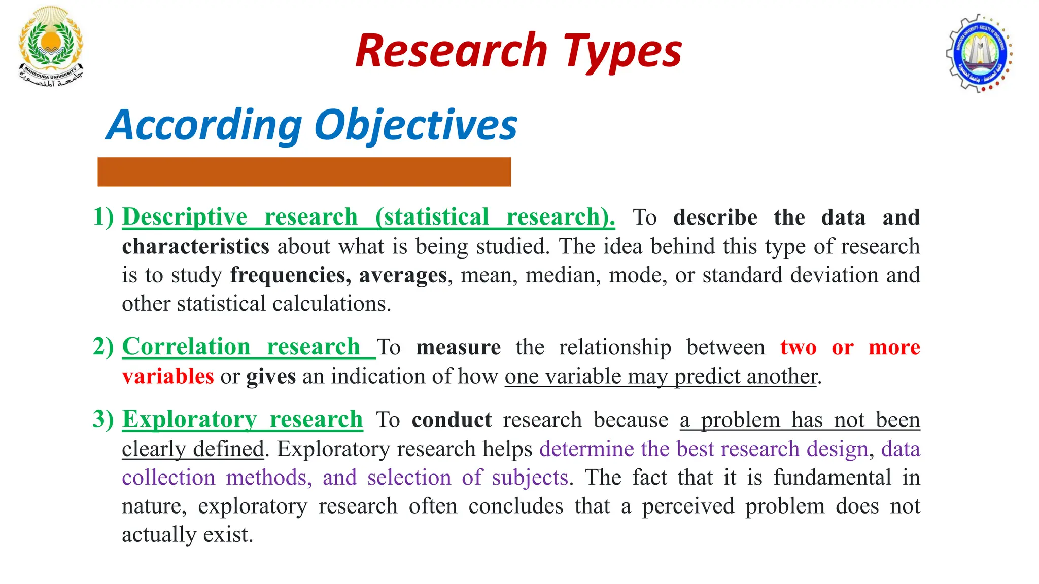 According Objectives
1) Descriptive research (statistical research). To describe the data and
characteristics about what is being studied. The idea behind this type of research
is to study frequencies, averages, mean, median, mode, or standard deviation and
other statistical calculations.
2) Correlation research To measure the relationship between two or more
variables or gives an indication of how one variable may predict another.
3) Exploratory research To conduct research because a problem has not been
clearly defined. Exploratory research helps determine the best research design, data
collection methods, and selection of subjects. The fact that it is fundamental in
nature, exploratory research often concludes that a perceived problem does not
actually exist.
Research Types
 