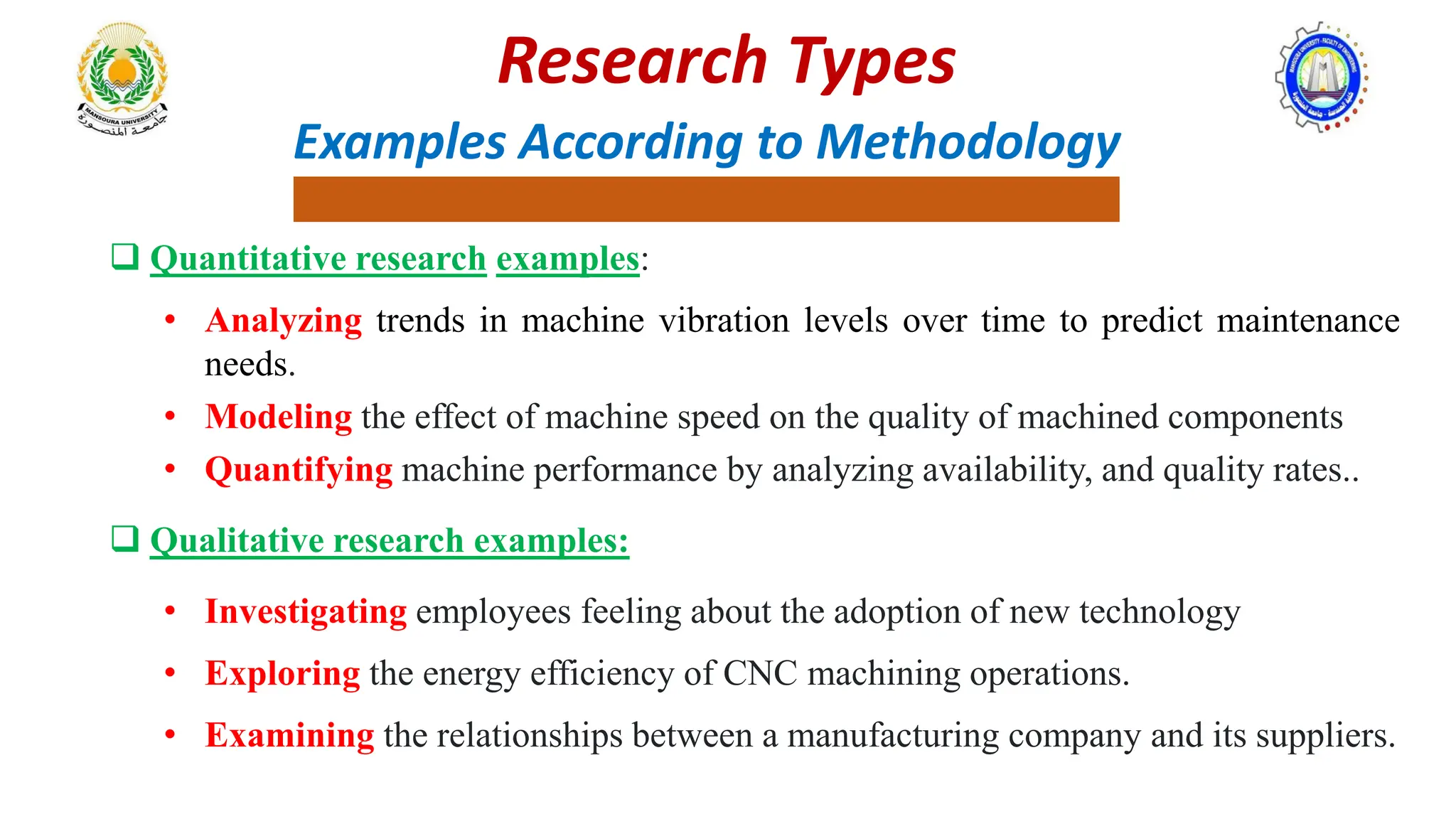 Examples According to Methodology
 Quantitative research examples:
• Analyzing trends in machine vibration levels over time to predict maintenance
needs.
• Modeling the effect of machine speed on the quality of machined components
• Quantifying machine performance by analyzing availability, and quality rates..
 Qualitative research examples:
• Investigating employees feeling about the adoption of new technology
• Exploring the energy efficiency of CNC machining operations.
• Examining the relationships between a manufacturing company and its suppliers.
Research Types
 