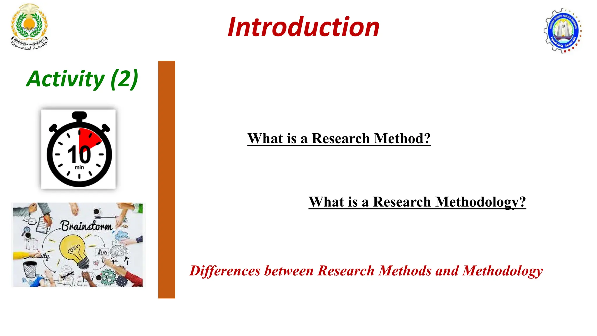 Introduction
Activity (2)
What is a Research Method?
What is a Research Methodology?
Differences between Research Methods and Methodology
 