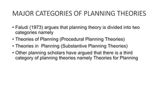 MAJOR CATEGORIES OF PLANNING THEORIES
• Faludi (1973) argues that planning theory is divided into two
categories namely
• Theories of Planning (Procedural Planning Theories)
• Theories in Planning (Substantive Planning Theories)
• Other planning scholars have argued that there is a third
category of planning theories namely Theories for Planning
 