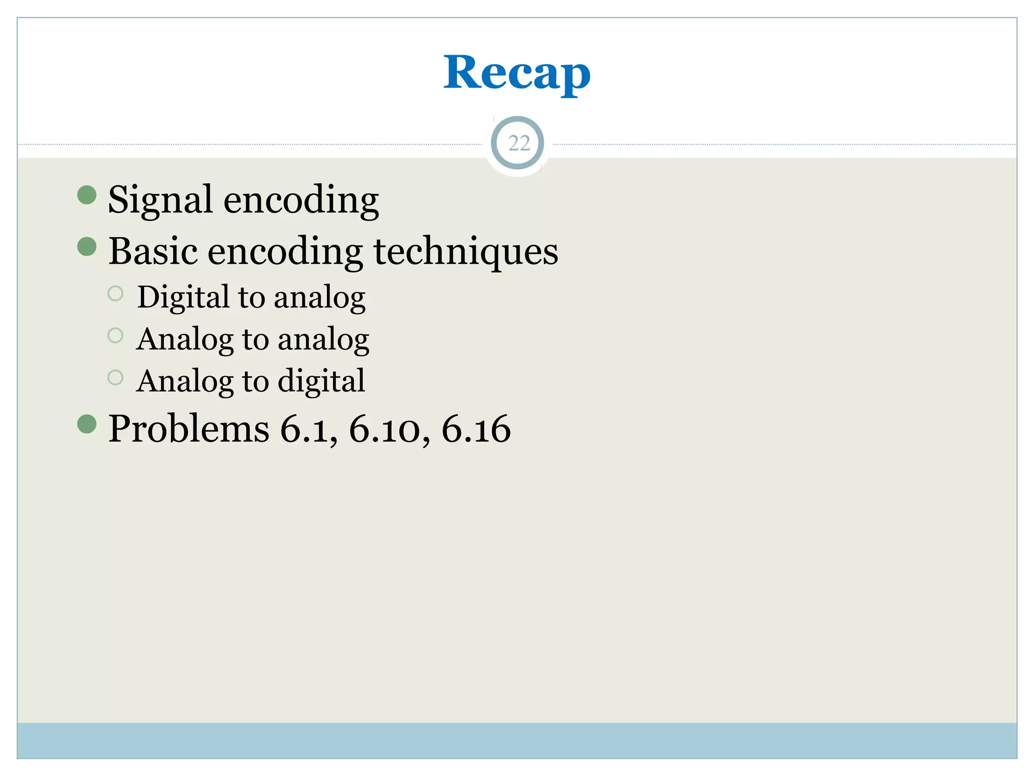 Recap 22 Signal encoding Basic encoding techniques  Digital to analog  Analog to analog  Analog to digital Problems 6.1, 6.10, 6.16 