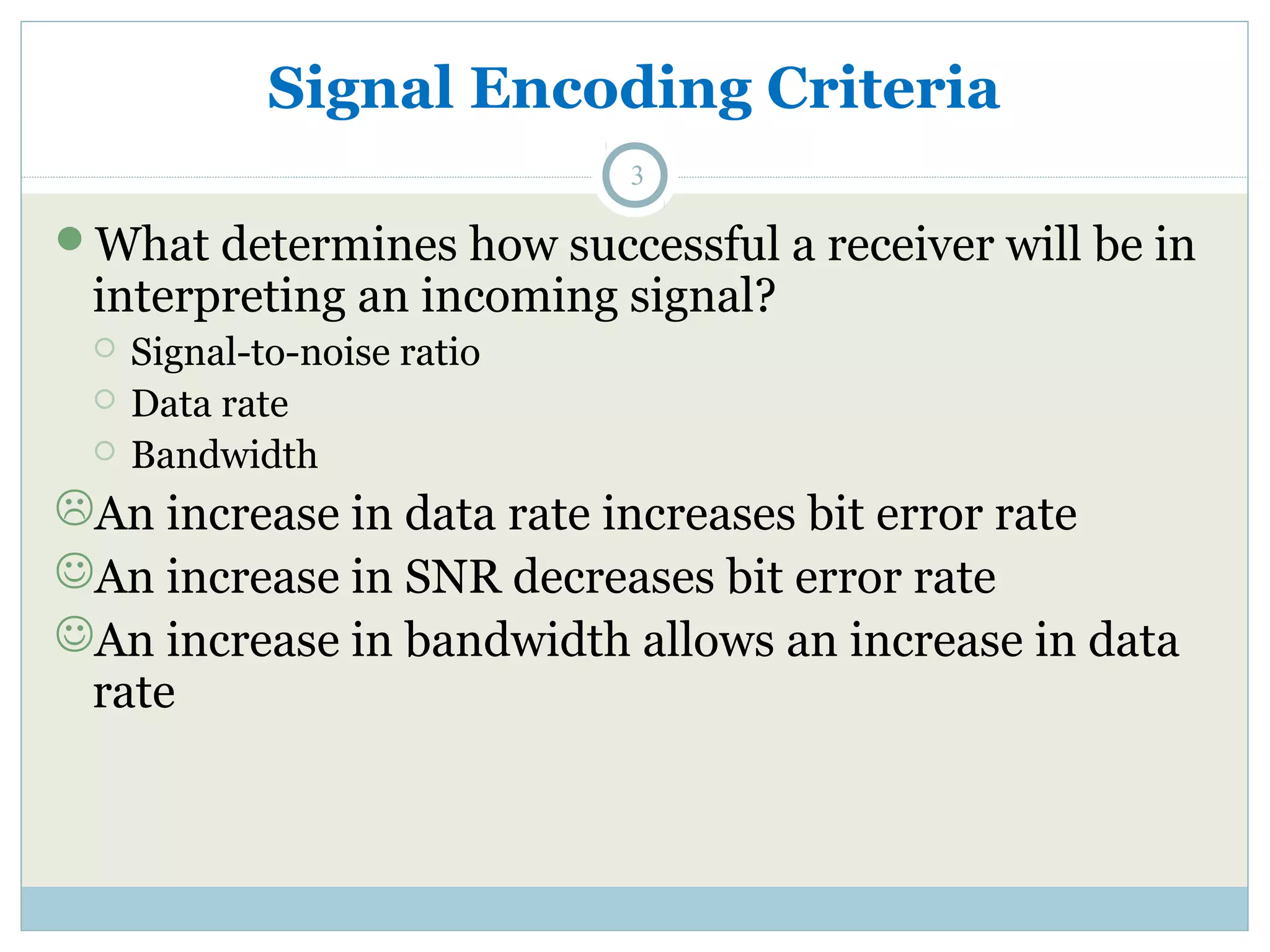 Signal Encoding Criteria 3 What determines how successful a receiver will be in interpreting an incoming signal?  Signal-to-noise ratio  Data rate  Bandwidth An increase in data rate increases bit error rate An increase in SNR decreases bit error rate An increase in bandwidth allows an increase in data rate 