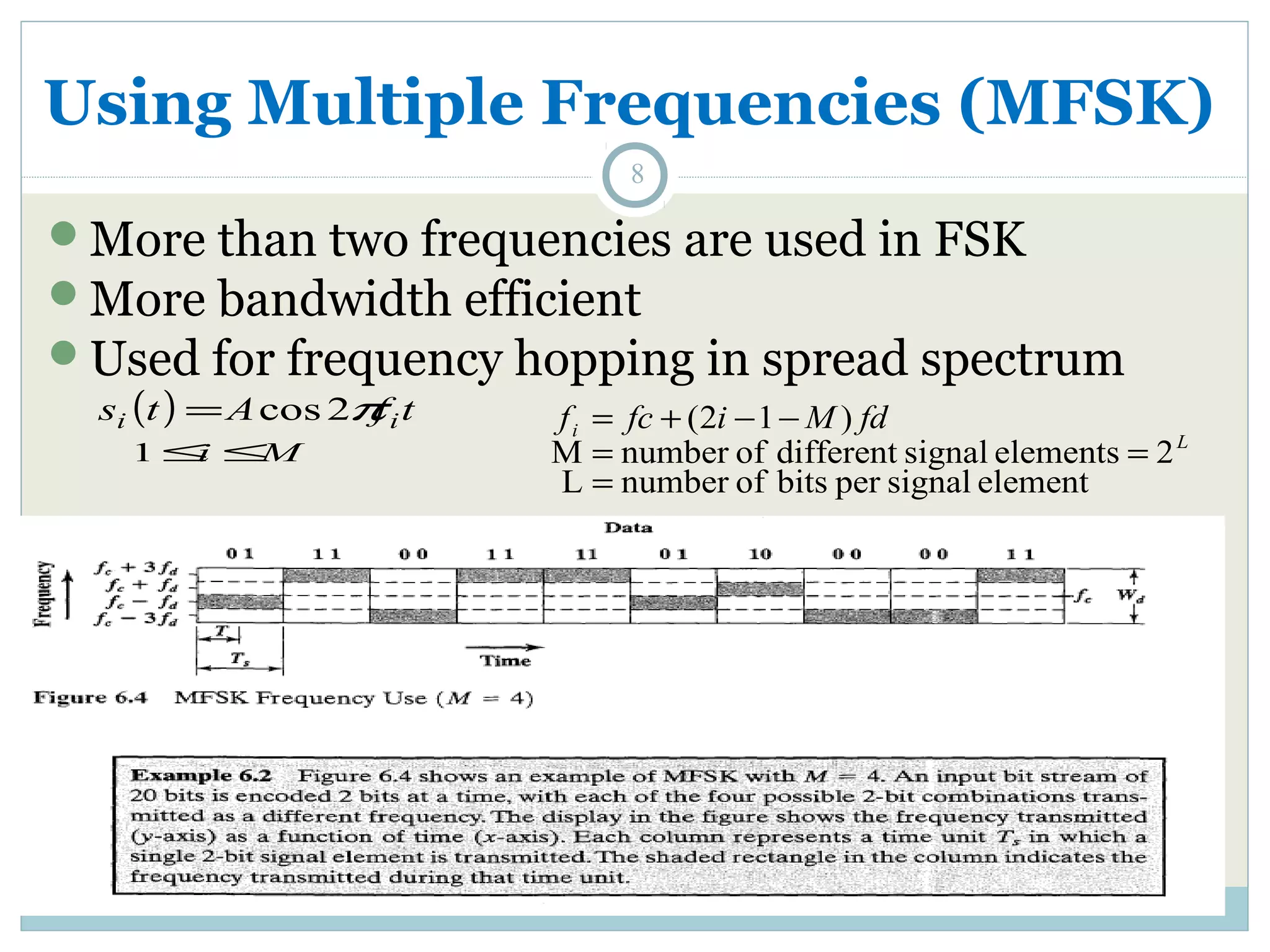 Using Multiple Frequencies (MFSK) 8 More than two frequencies are used in FSK More bandwidth efficient Used for frequency hopping in spread spectrum si (t ) =Acos2pfit 1£i£M f = fc + (2 i - 1 - M ) fd i L = = M number of different signal elements 2 = L number of bits per signal element 