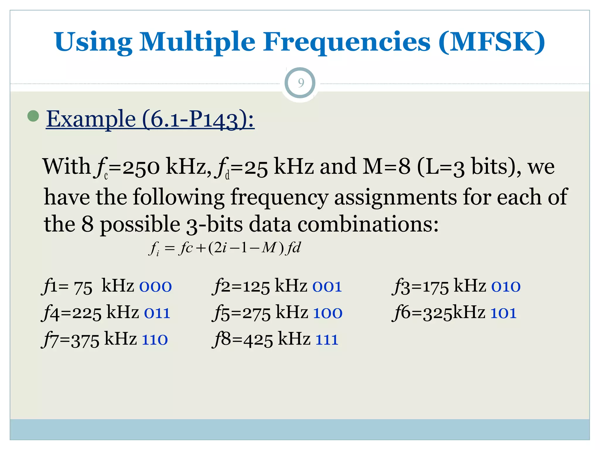 Using Multiple Frequencies (MFSK) 9 Example (6.1-P143): With fc=250 kHz, fd=25 kHz and M=8 (L=3 bits), we have the following frequency assignments for each of the 8 possible 3-bits data combinations: f fc i M fd i = +(2 -1- ) f1= 75 kHz 000 f2=125 kHz 001 f3=175 kHz 010 f4=225 kHz 011 f5=275 kHz 100 f6=325kHz 101 f7=375 kHz 110 f8=425 kHz 111 