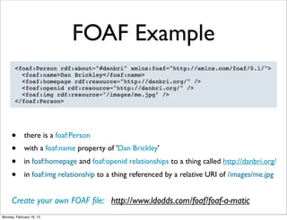 FOAF Example



     •       there is a foaf:Person
     •       with a foaf:name property of 'Dan Brickley'
     •       in foaf:homepage and foaf:openid relationships to a thing called http://danbri.org/
     •       in foaf:img relationship to a thing referenced by a relative URI of /images/me.jpg


     Create your own FOAF ﬁle: http://www.ldodds.com/foaf/foaf-a-matic
Monday, February 18, 13
 