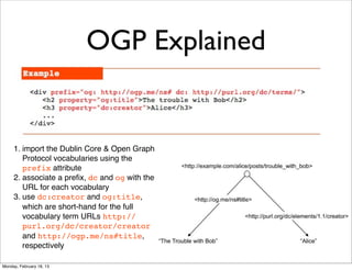OGP Explained


     1. import the Dublin Core & Open Graph
        Protocol vocabularies using the
        prefix attribute
     2. associate a preﬁx, dc and og with the
        URL for each vocabulary
     3. use dc:creator and og:title,
        which are short-hand for the full
        vocabulary term URLs http://
        purl.org/dc/creator/creator
        and http://ogp.me/ns#title,
        respectively

Monday, February 18, 13
 