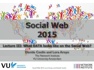 Lecture III: What DATA looks like on the Social Web?
Davide Ceolin and Lora Aroyo
The Network Institute
VU University Amsterdam
Social Web
2015
Social Web 2015, Lora Aroyo and Davide Ceolin
 