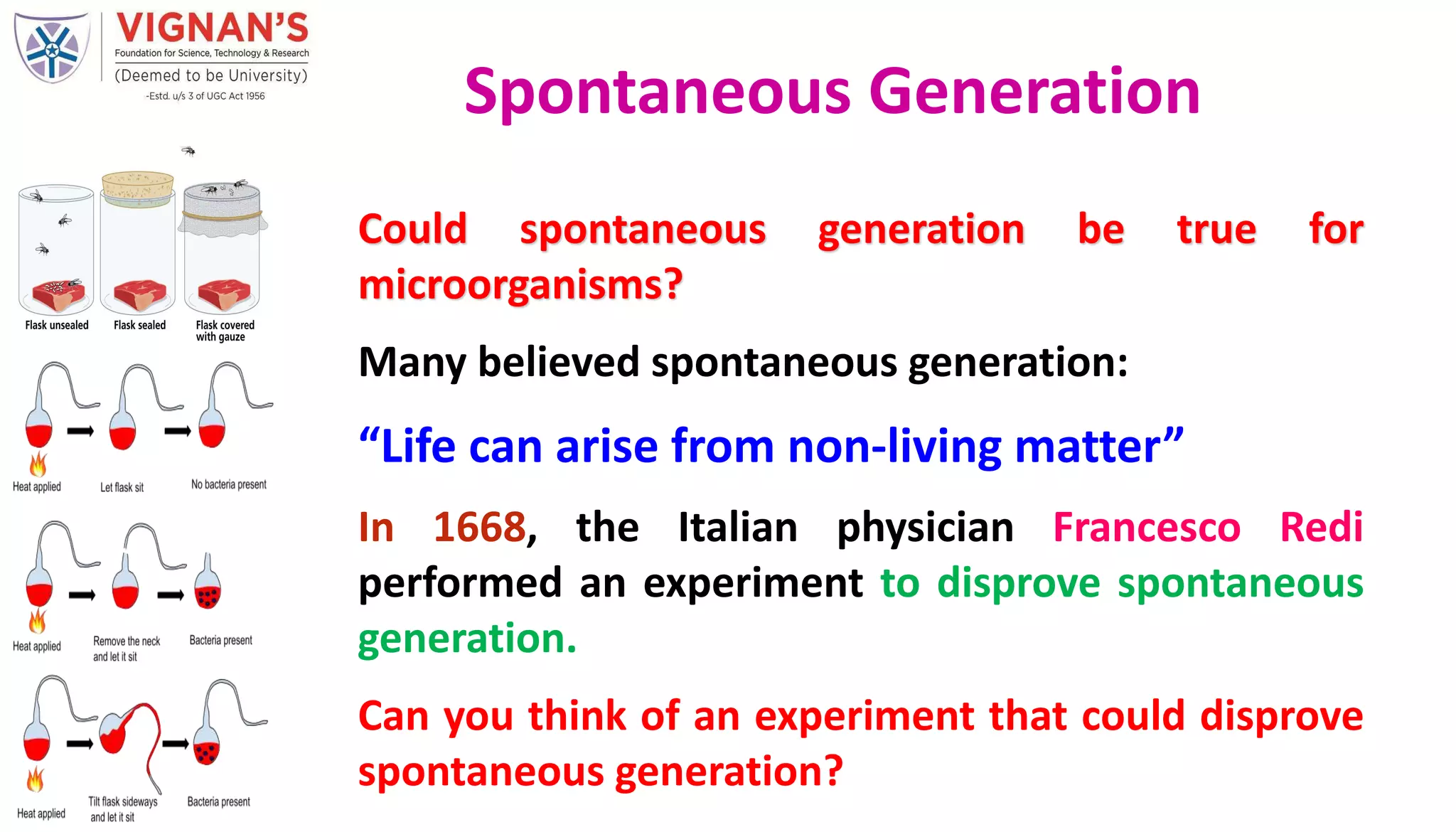 Could spontaneous generation be true for
microorganisms?
Many believed spontaneous generation:
“Life can arise from non-living matter”
In 1668, the Italian physician Francesco Redi
performed an experiment to disprove spontaneous
generation.
Can you think of an experiment that could disprove
spontaneous generation?
Spontaneous Generation
 