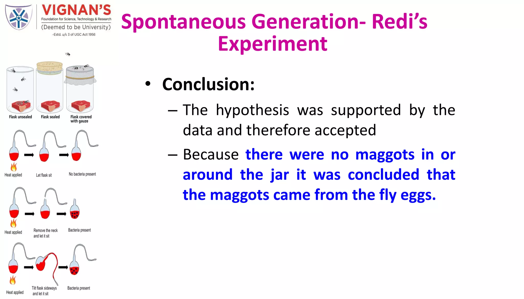 • Conclusion:
– The hypothesis was supported by the
data and therefore accepted
– Because there were no maggots in or
around the jar it was concluded that
the maggots came from the fly eggs.
Spontaneous Generation- Redi’s
Experiment
 