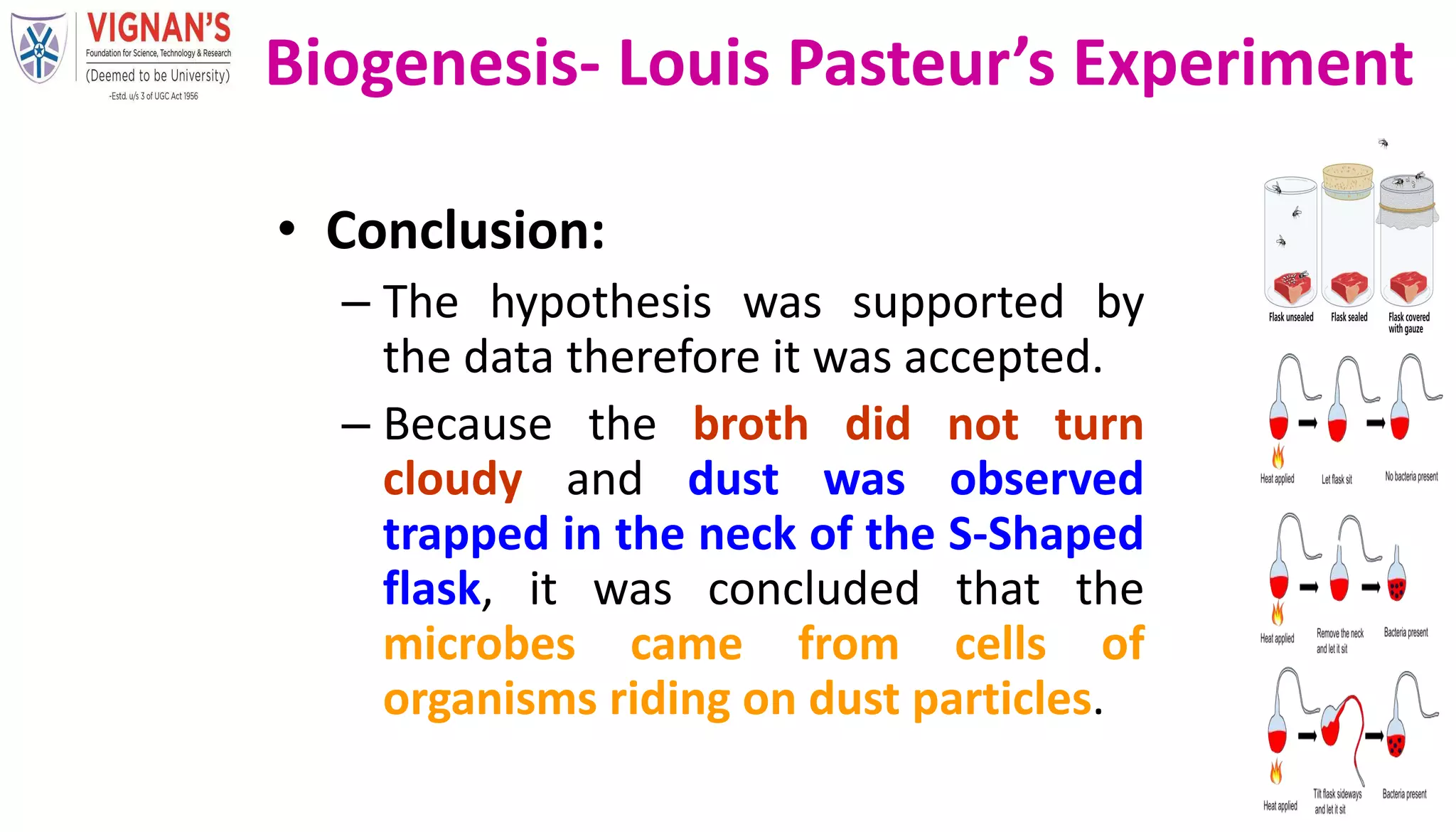 • Conclusion:
– The hypothesis was supported by
the data therefore it was accepted.
– Because the broth did not turn
cloudy and dust was observed
trapped in the neck of the S-Shaped
flask, it was concluded that the
microbes came from cells of
organisms riding on dust particles.
Biogenesis- Louis Pasteur’s Experiment
 