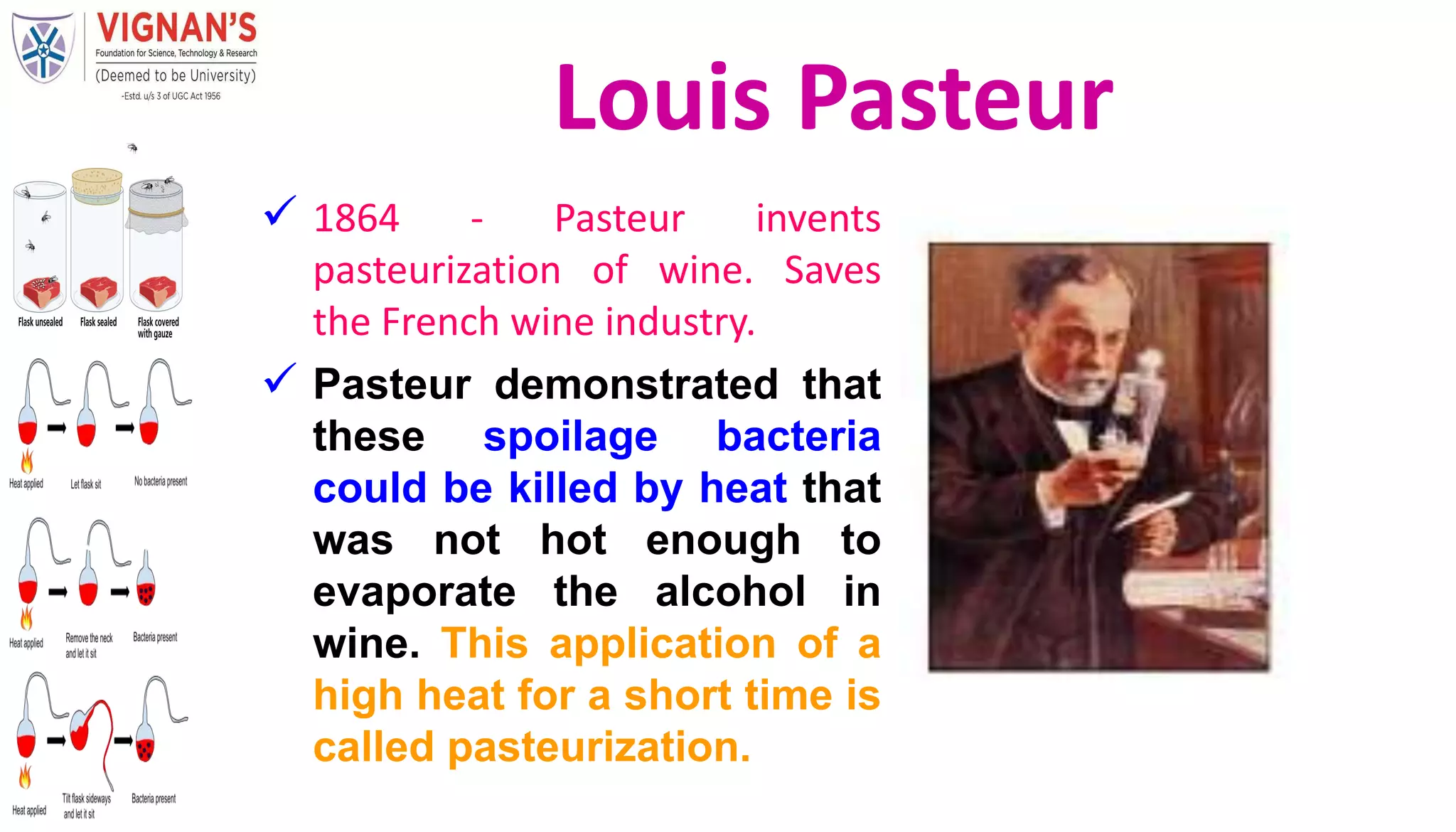  1864 - Pasteur invents
pasteurization of wine. Saves
the French wine industry.
 Pasteur demonstrated that
these spoilage bacteria
could be killed by heat that
was not hot enough to
evaporate the alcohol in
wine. This application of a
high heat for a short time is
called pasteurization.
Louis Pasteur
 