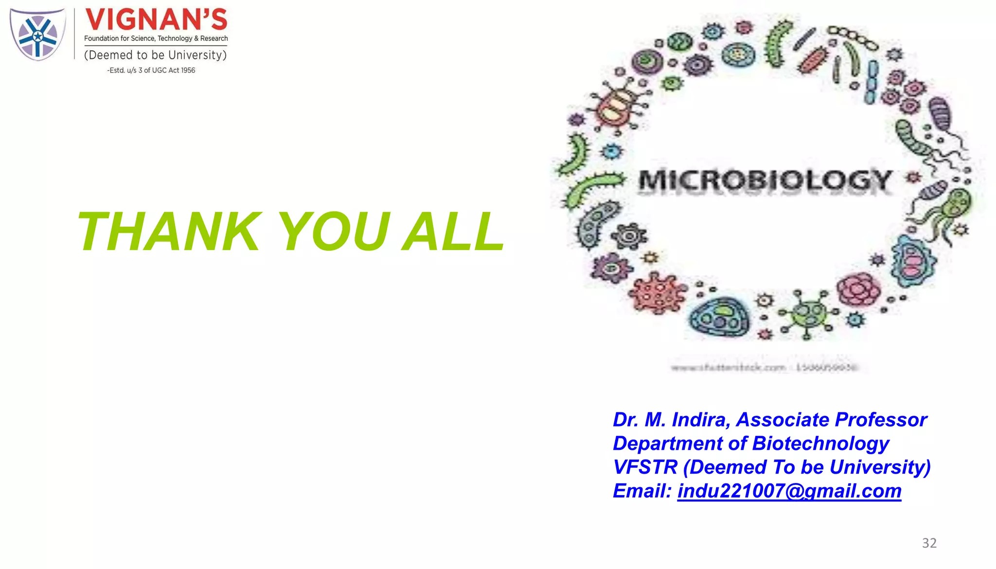 THANK YOU ALL
Dr. M. Indira, Associate Professor
Department of Biotechnology
VFSTR (Deemed To be University)
Email: indu221007@gmail.com
32
 