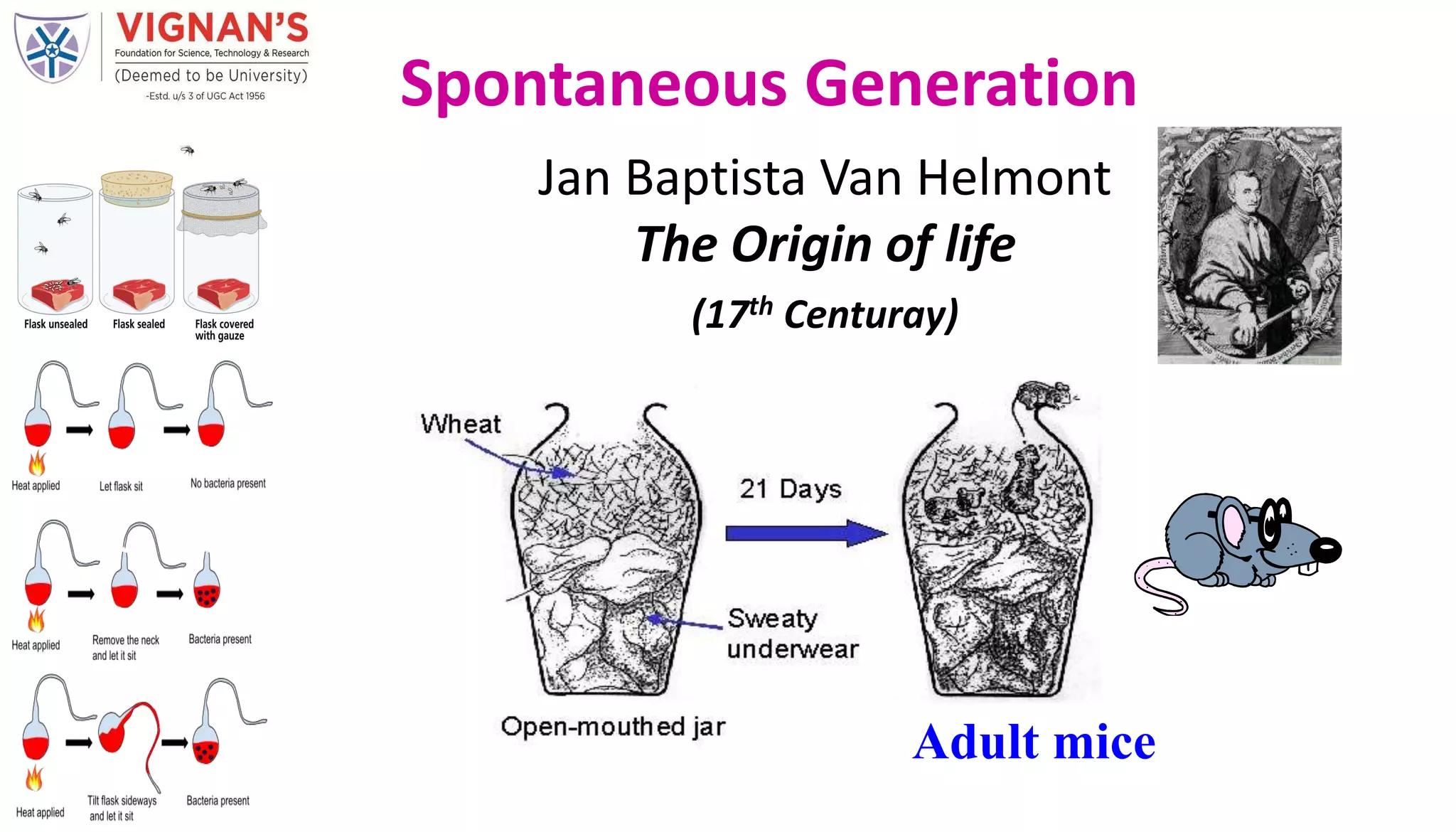 Jan Baptista Van Helmont
The Origin of life
(17th Centuray)
Adult mice
1579-1644
Spontaneous Generation
 