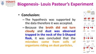 • Conclusion:
– The hypothesis was supported by
the data therefore it was accepted.
– Because the broth did not turn
cloudy and dust was observed
trapped in the neck of the S-Shaped
flask, it was concluded that the
microbes came from cells of
organisms riding on dust particles.
Biogenesis- Louis Pasteur’s Experiment
 