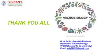 THANK YOU ALL
Dr. M. Indira, Associate Professor
Department of Biotechnology
VFSTR (Deemed To be University)
Email: indu221007@gmail.com
32
 