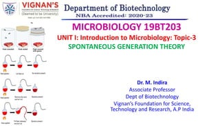 MICROBIOLOGY 19BT203
UNIT I: Introduction to Microbiology: Topic-3
SPONTANEOUS GENERATION THEORY
Dr. M. Indira
Associate Professor
Dept of Biotechnology
Vignan’s Foundation for Science,
Technology and Research, A.P India
 