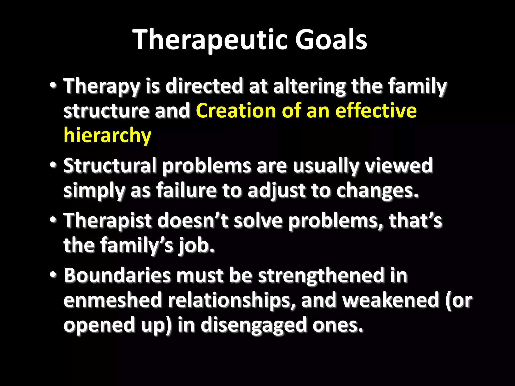 Therapeutic Goals
• Therapy is directed at altering the family
structure and Creation of an effective
hierarchy
• Structural problems are usually viewed
simply as failure to adjust to changes.
• Therapist doesn’t solve problems, that’s
the family’s job.
• Boundaries must be strengthened in
enmeshed relationships, and weakened (or
opened up) in disengaged ones.

 