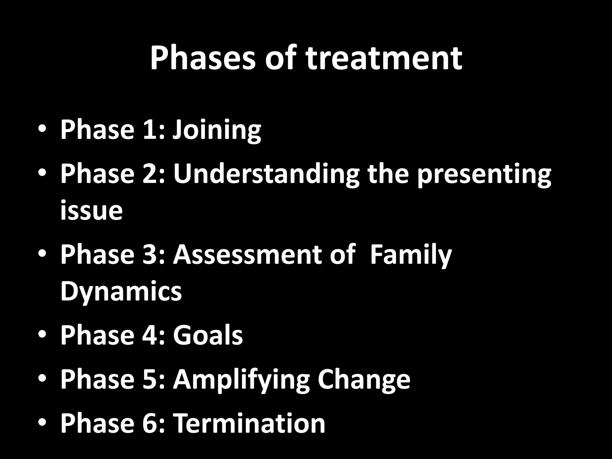 Phases of treatment
• Phase 1: Joining
• Phase 2: Understanding the presenting
issue
• Phase 3: Assessment of Family
Dynamics
• Phase 4: Goals
• Phase 5: Amplifying Change
• Phase 6: Termination

 