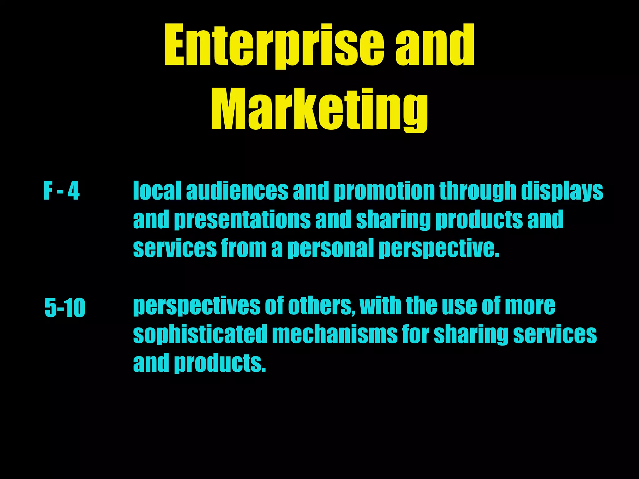 Enterprise and
Marketing
local audiences and promotion through displays
and presentations and sharing products and
services from a personal perspective.
perspectives of others, with the use of more
sophisticated mechanisms for sharing services
and products.
F - 4
5-10
 
