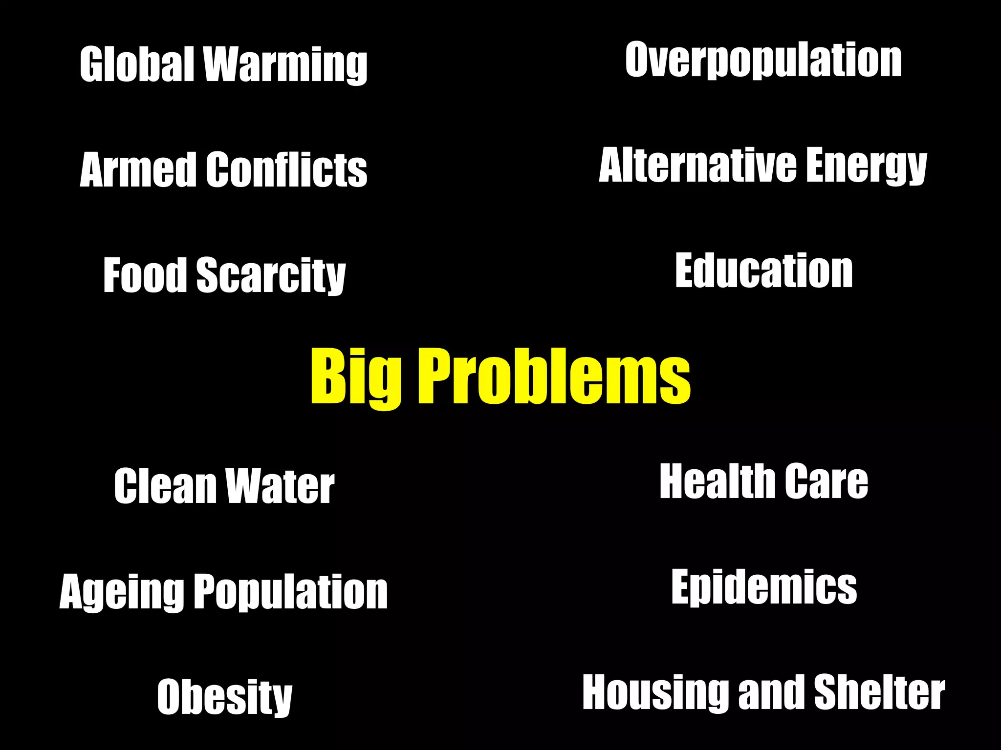 Global Warming
Armed Conflicts
Food Scarcity
Clean Water
Ageing Population
Obesity
Overpopulation
Alternative Energy
Education
Health Care
Epidemics
Housing and Shelter
Big Problems
 