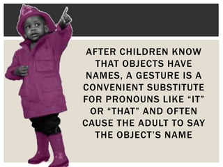 AFTER CHILDREN KNOW
THAT OBJECTS HAVE
NAMES, A GESTURE IS A
CONVENIENT SUBSTITUTE
FOR PRONOUNS LIKE “IT”
OR “THAT” AND OFTEN
CAUSE THE ADULT TO SAY
THE OBJECT’S NAME
 