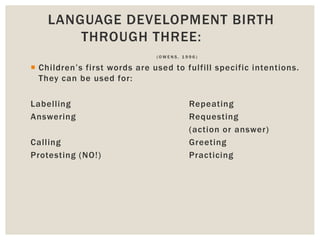 LANGUAGE DEVELOPMENT BIRTH
THROUGH THREE:
( O W E N S , 1 9 9 6 )
 Children’s first words are used to fulfill specific intentions.
They can be used for:
Labelling Repeating
Answering Requesting
(action or answer)
Calling Greeting
Protesting (NO!) Practicing
 