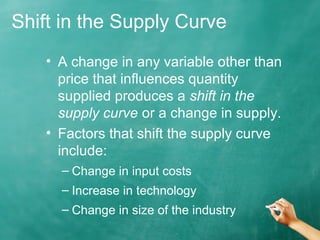 Shift in the Supply Curve 
• A change in any variable other than 
price that influences quantity 
supplied produces a shift in the 
supply curve or a change in supply. 
• Factors that shift the supply curve 
include: 
– Change in input costs 
– Increase in technology 
– Change in size of the industry 
 