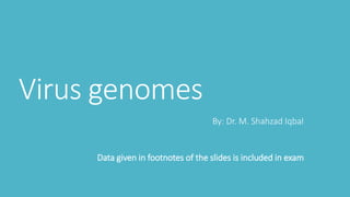 Virus genomes
By: Dr. M. Shahzad Iqbal
Data given in footnotes of the slides is included in exam
 