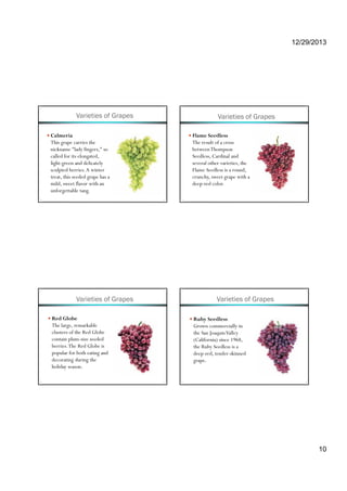 12/29/2013
10
Varieties of Grapes
Calmeria
This grape carries the
nickname "lady fingers," so
called for its elongated,
light-green and delicately
sculpted berries.A winter
treat, this seeded grape has a
mild, sweet flavor with an
unforgettable tang.
Varieties of Grapes
Flame Seedless
The result of a cross
betweenThompson
Seedless, Cardinal and
several other varieties, the
Flame Seedless is a round,
crunchy, sweet grape with a
deep-red color.
Varieties of Grapes
Red Globe
The large, remarkable
clusters of the Red Globe
contain plum-size seeded
berries.The Red Globe is
popular for both eating and
decorating during the
holiday season.
Varieties of Grapes
Ruby Seedless
Grown commercially in
the San JoaquinValley
(California) since 1968,
the Ruby Seedless is a
deep-red, tender-skinned
grape.
 