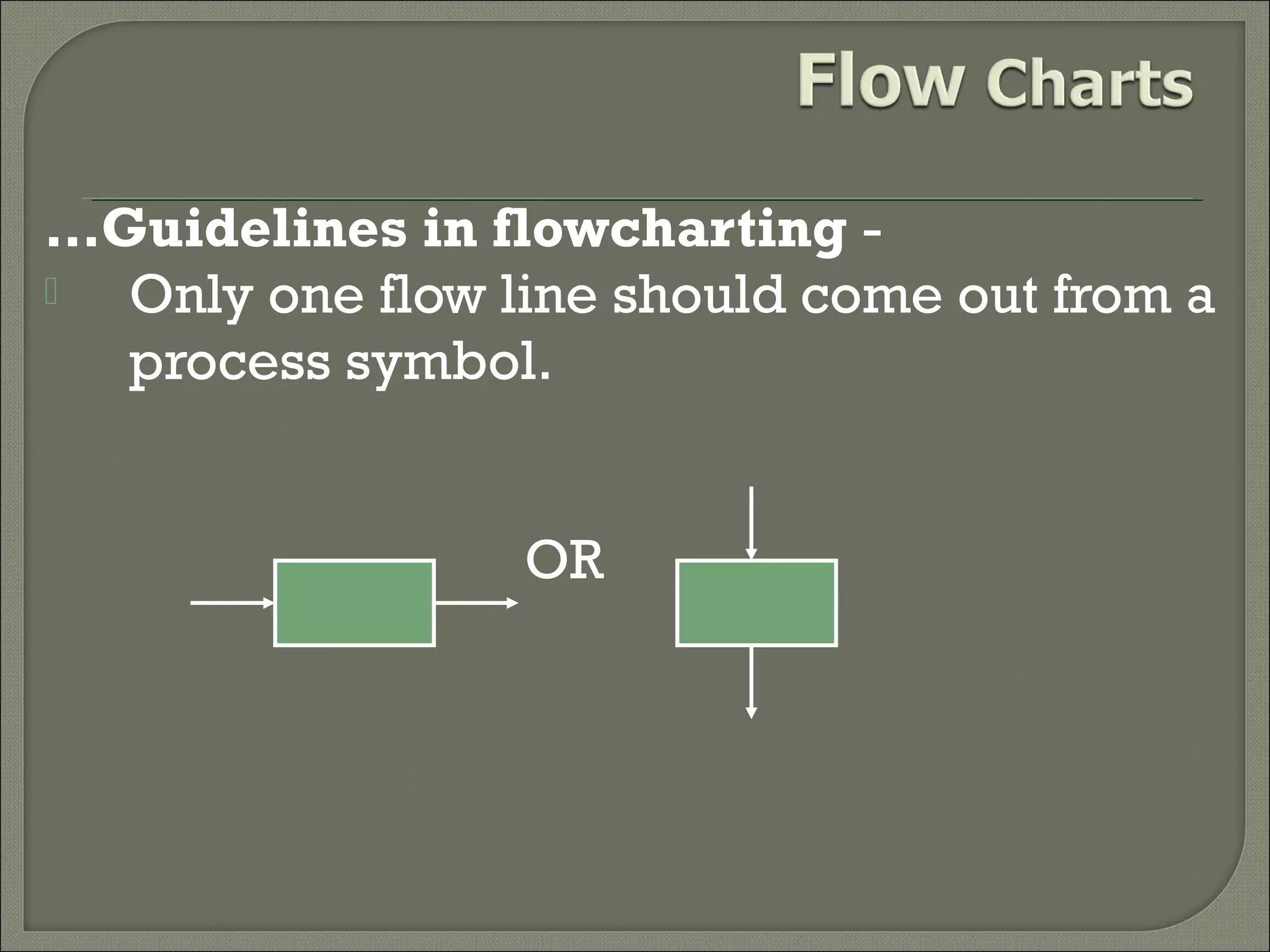 …Guidelines in flowcharting 
Only one flow line should come out from a
process symbol.
OR

 